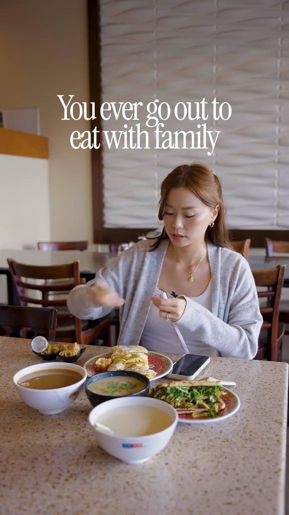 Family dining scene with a caption overlay